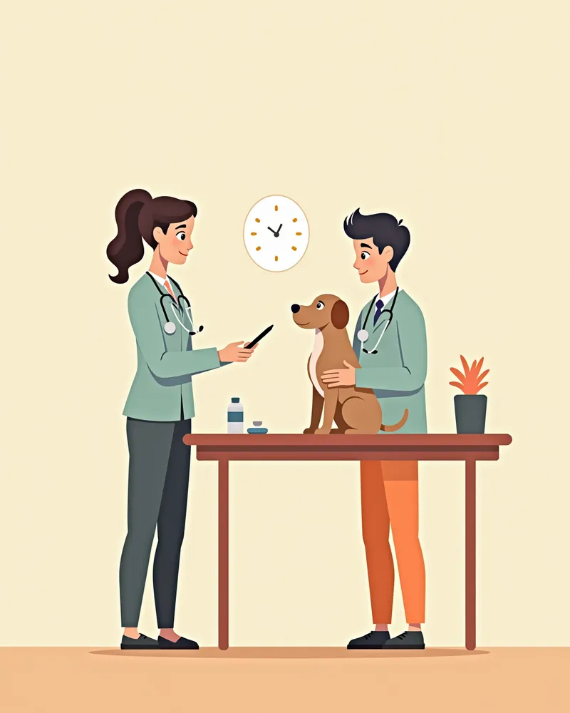 동물병원에서 치료 방법을 상담받는 보호자와 강아지
