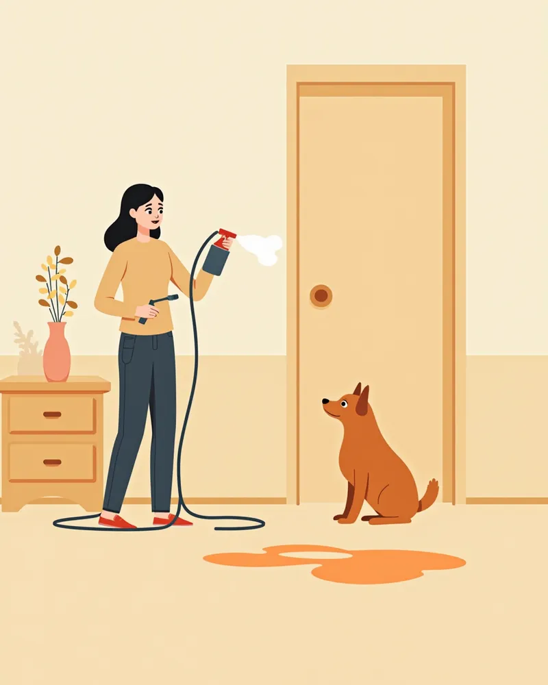 효소 세정제로 강아지 실수 자국을 닦는 보호자