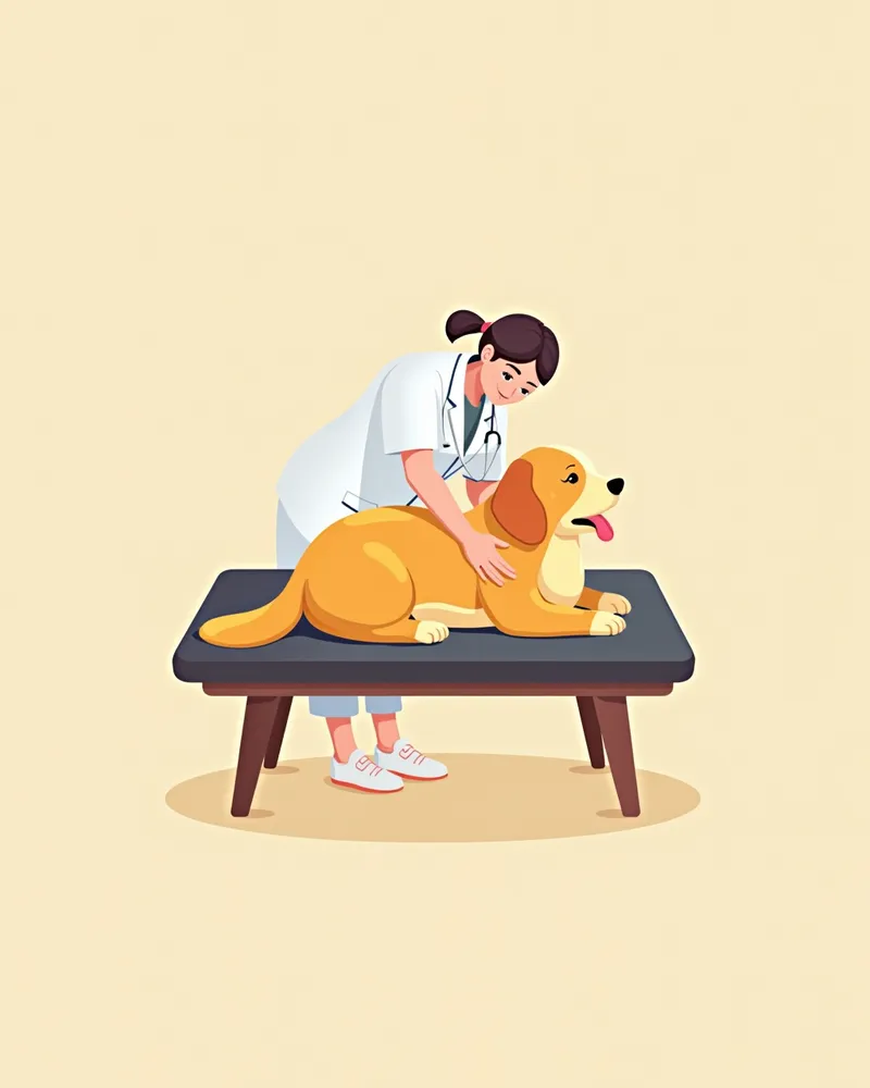 수의사가 강아지의 복부를 만져보며 수신증을 의심하는 장면