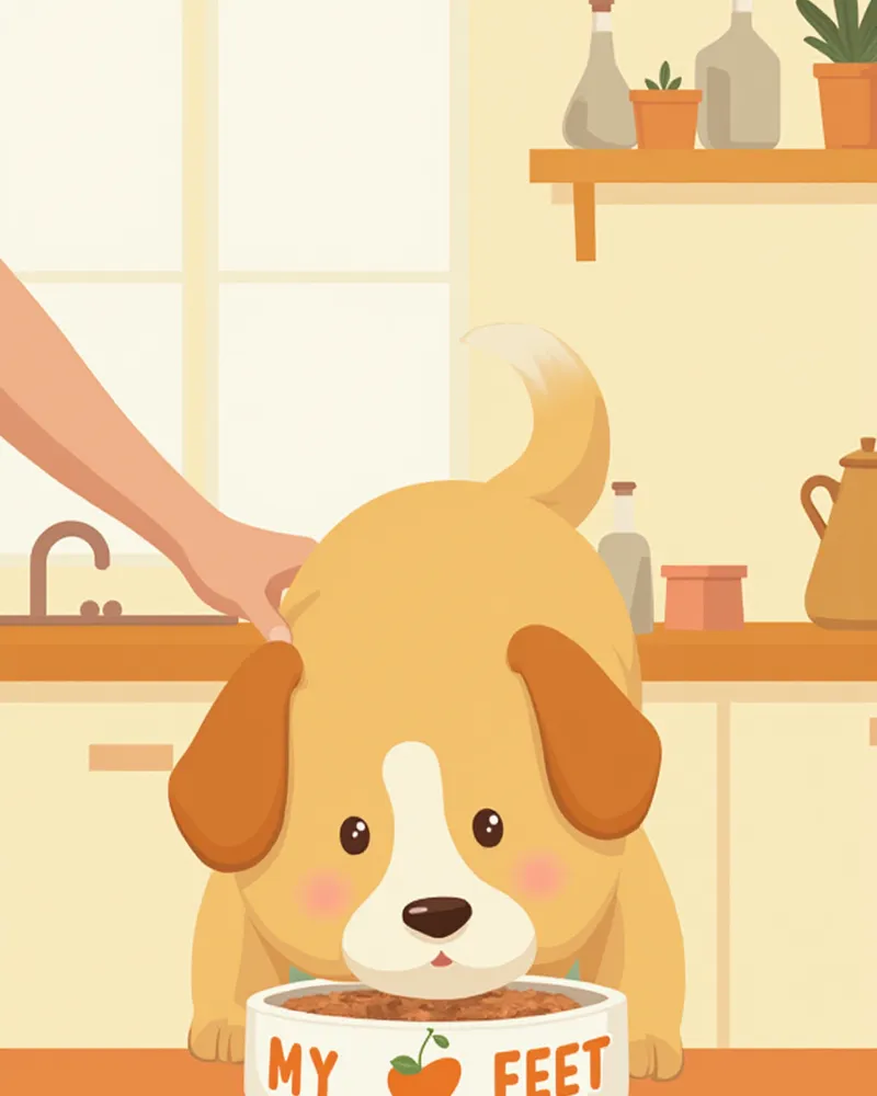 처방식 사료를 먹는 강아지를 보호자가 쓰다듬는 모습