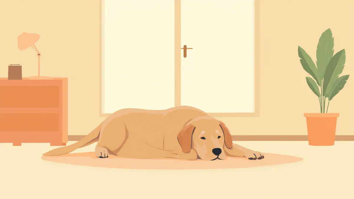 활력이 떨어져 거실에 누워 있는 중년 래브라도 리트리버