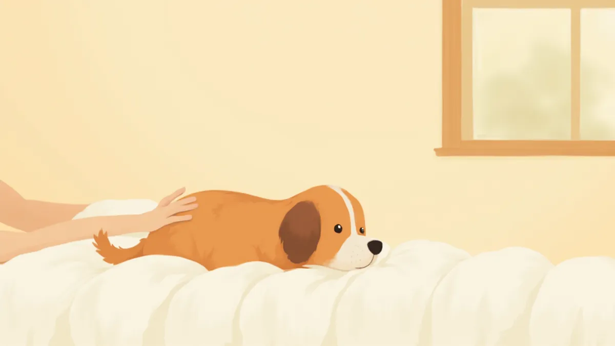 침대에 누워 힘없어 보이는 강아지