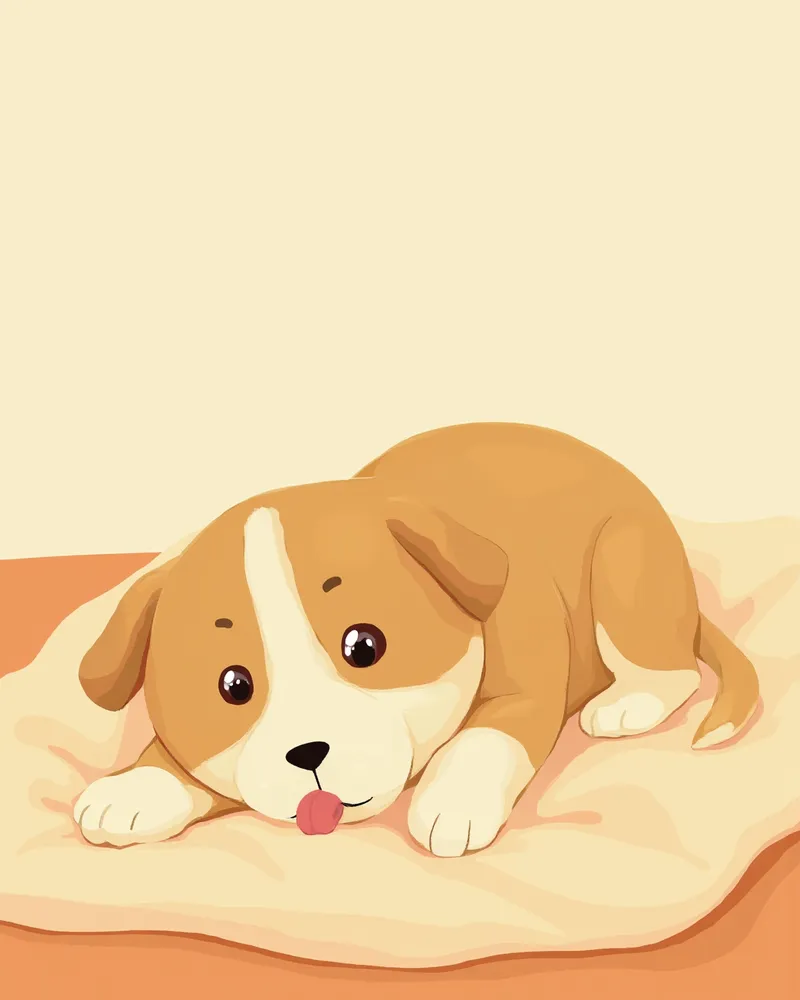 담요 위에 누워 앞발을 핥고 있는 강아지