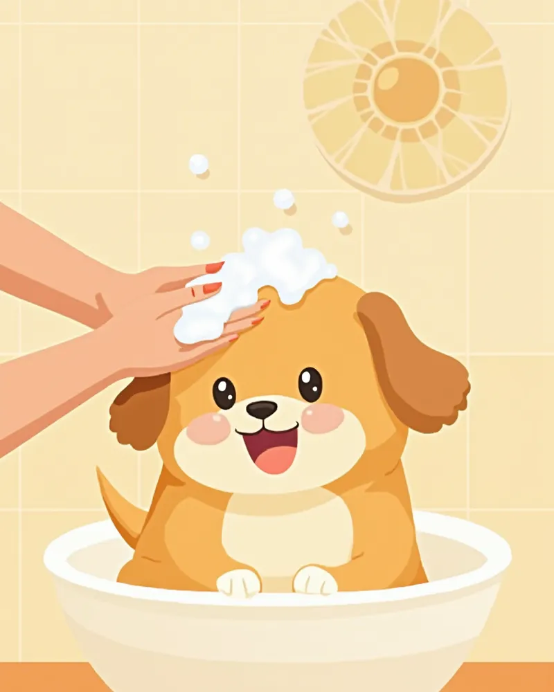 보호자가 강아지를 부드럽게 목욕시키는 모습