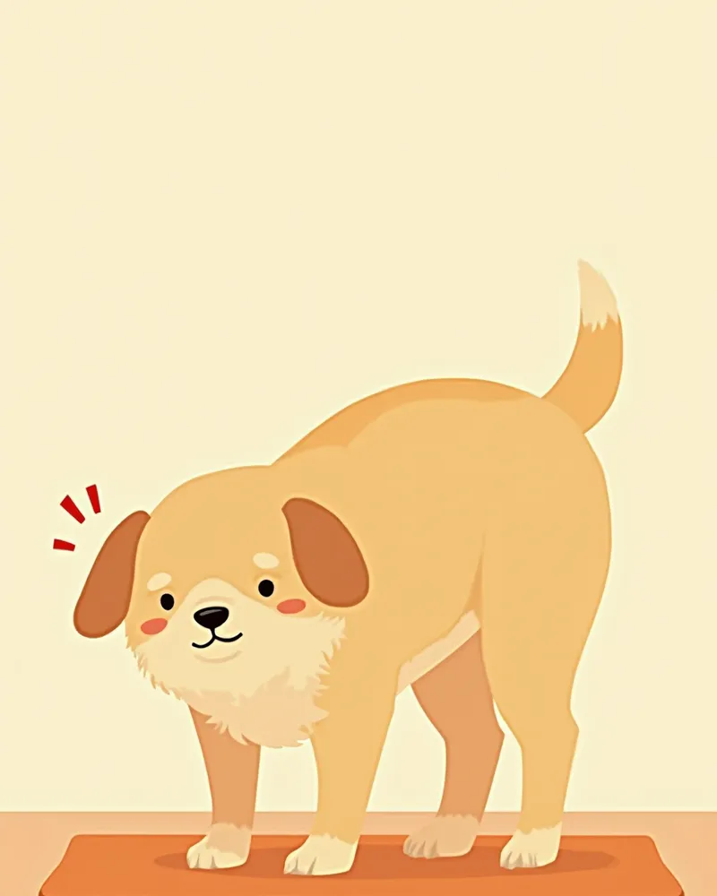 허리 통증으로 등을 둥글게 구부린 강아지