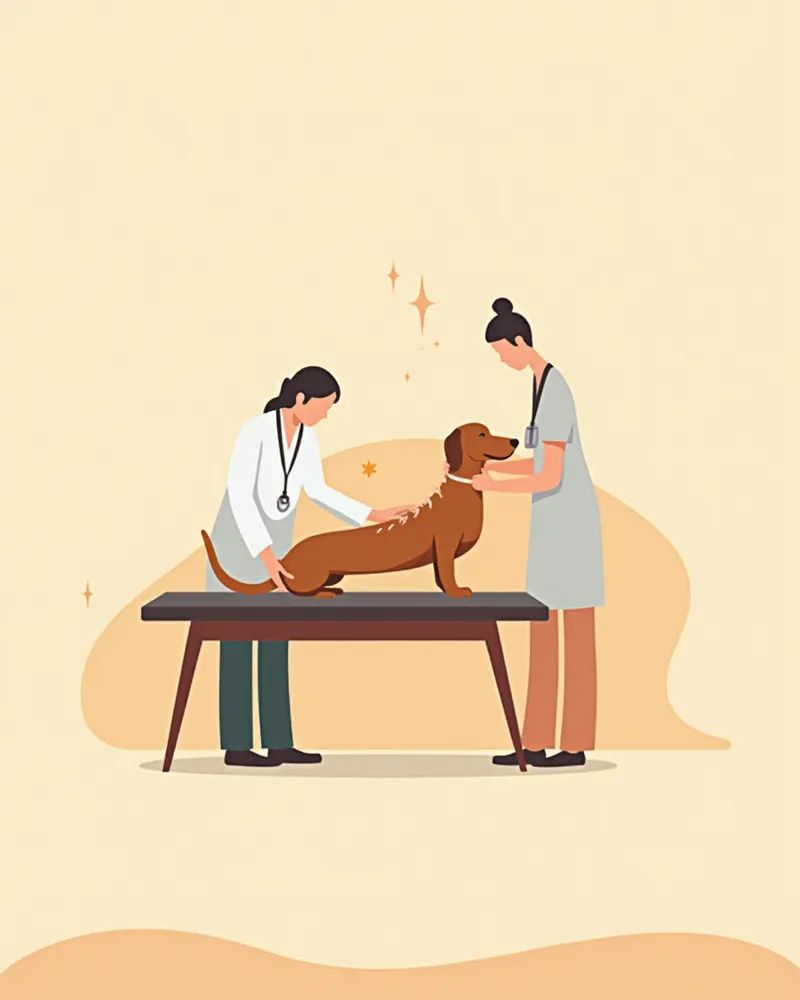 동물병원에서 수의사가 닥스훈트의 척추를 검진하는 모습