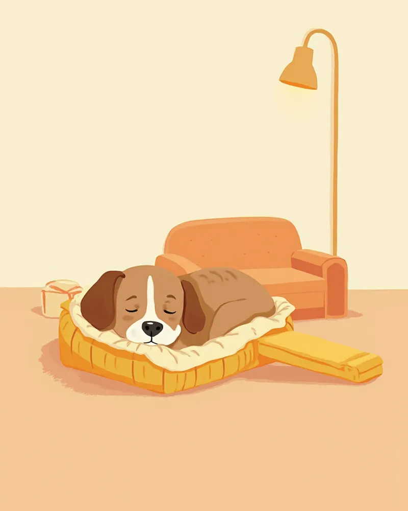 회복용 케이지에서 안정을 취하는 강아지와 옆에 놓인 경사로