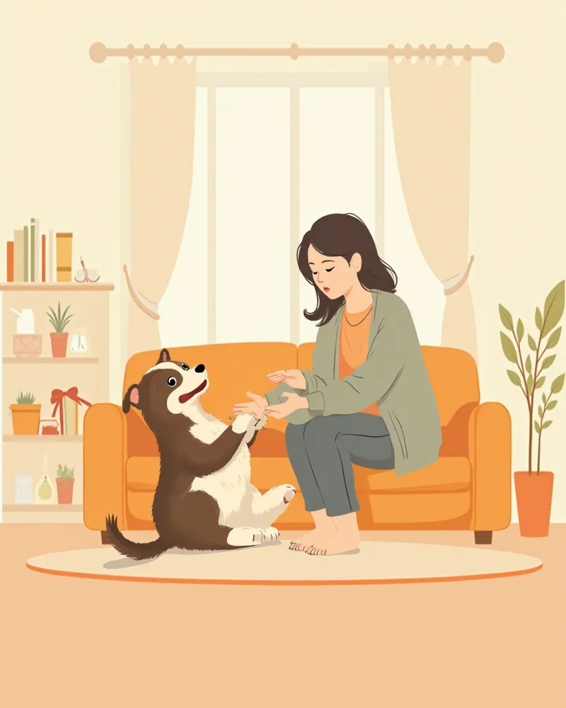 보호자가 집에서 강아지 상태를 확인하는 모습