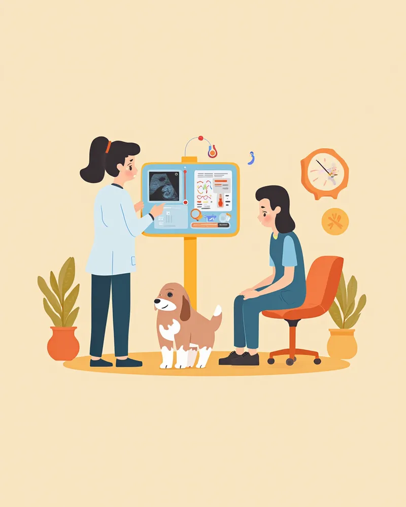 수의사가 혈액검사와 간 초음파 결과를 검토하는 모습