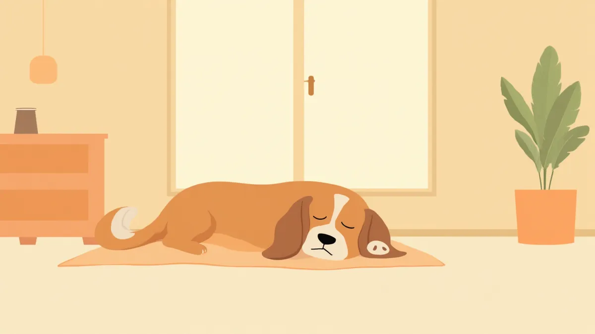 피곤해 보이는 노령 강아지가 담요 위에 누워 있는 모습