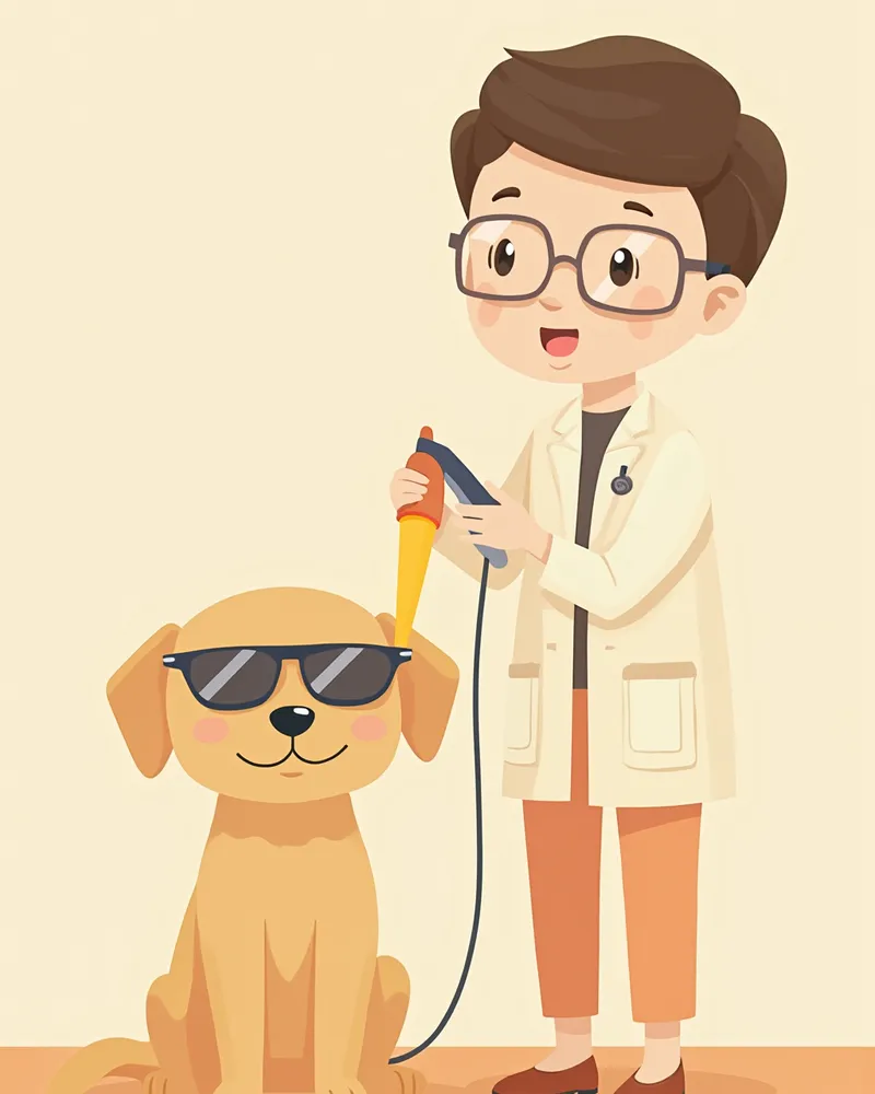 보호 안경을 착용하고 레이저 치료를 받는 강아지