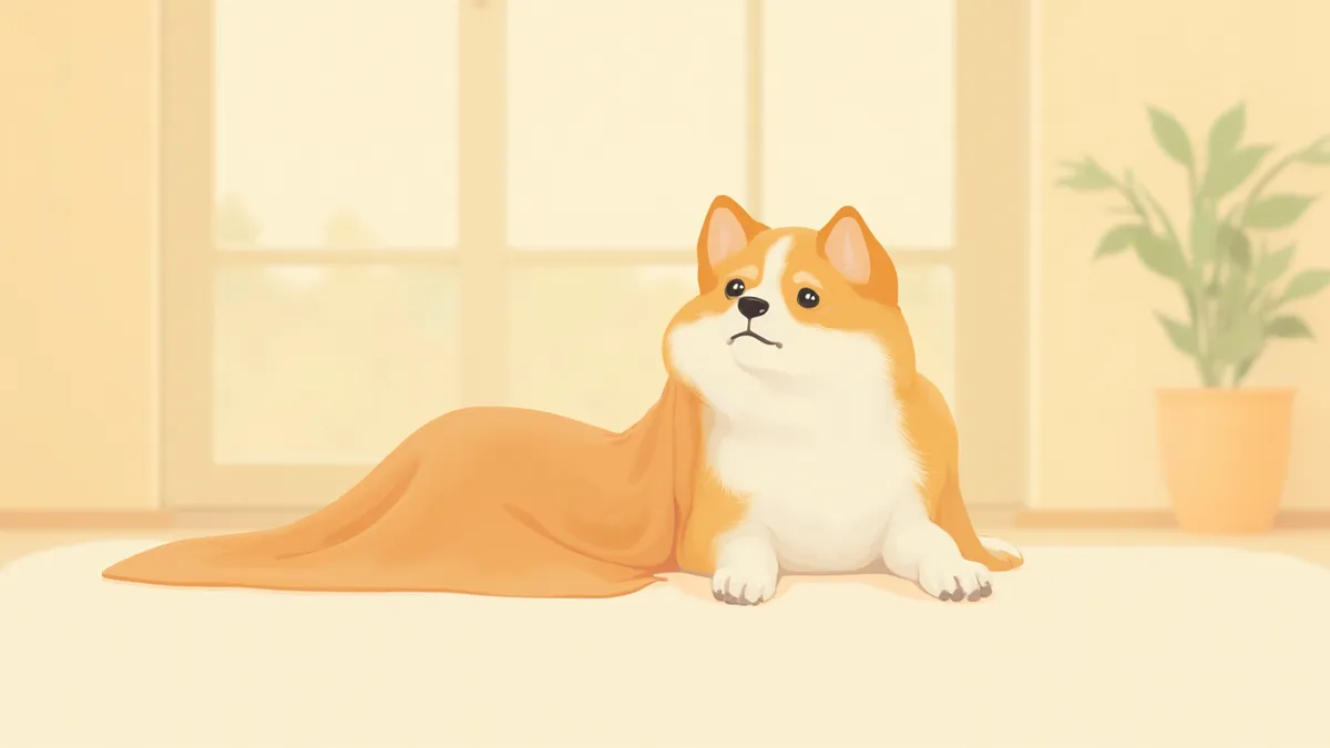 자기 다리를 바라보며 앉아 있는 강아지