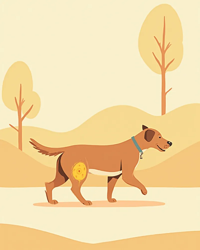 뒷다리 관절 부위가 표시된 절뚝거리는 강아지