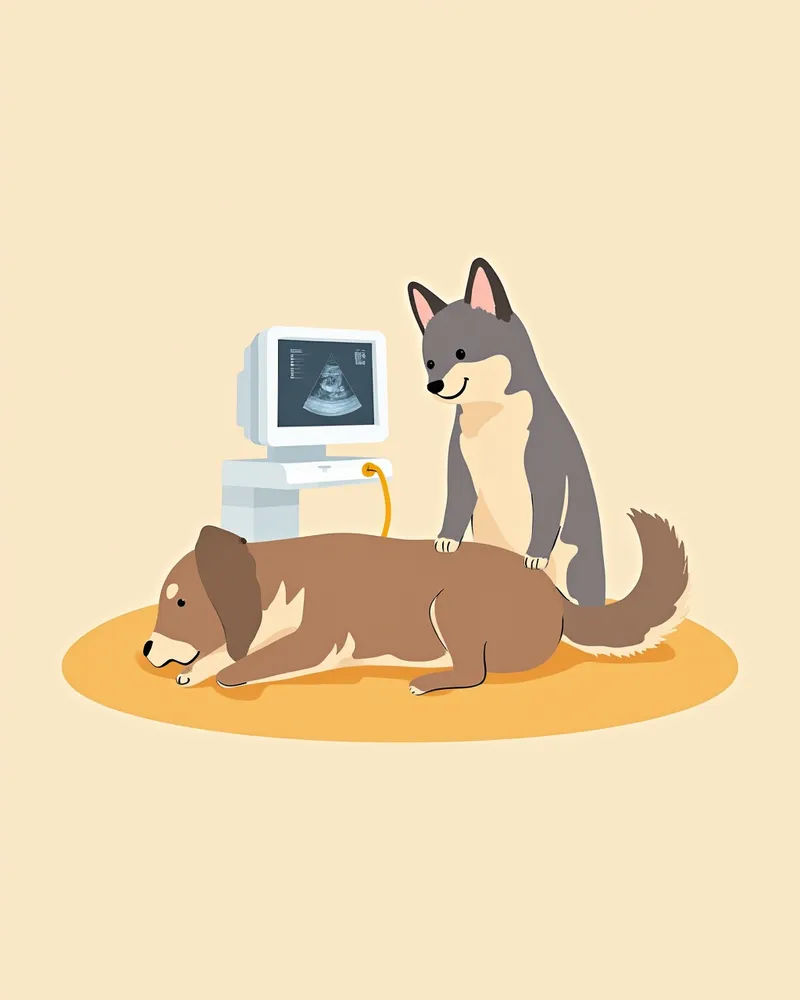 강아지에게 복부 초음파 검사를 하고 있는 수의사