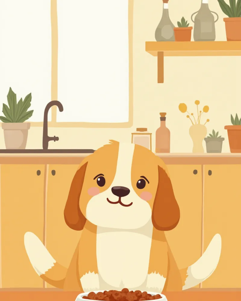 밝은 주방에서 건강한 식사를 하고 있는 강아지