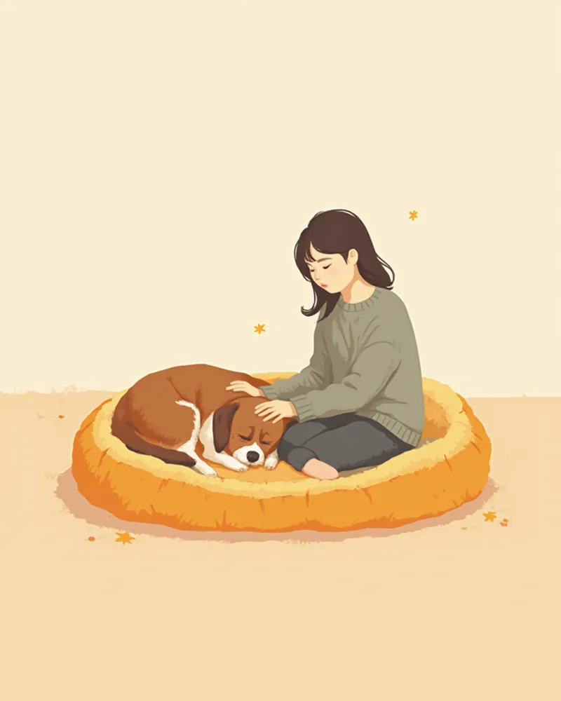 보호자가 집에서 회복 중인 강아지를 돌보는 모습