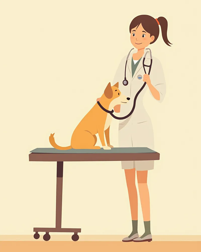 수의사가 진료대에서 강아지를 진찰하는 모습