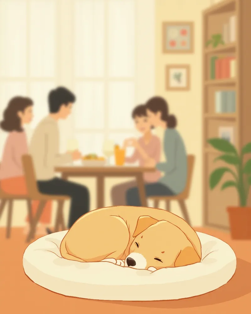 식사 시간에 방석에서 얌전히 기다리는 강아지
