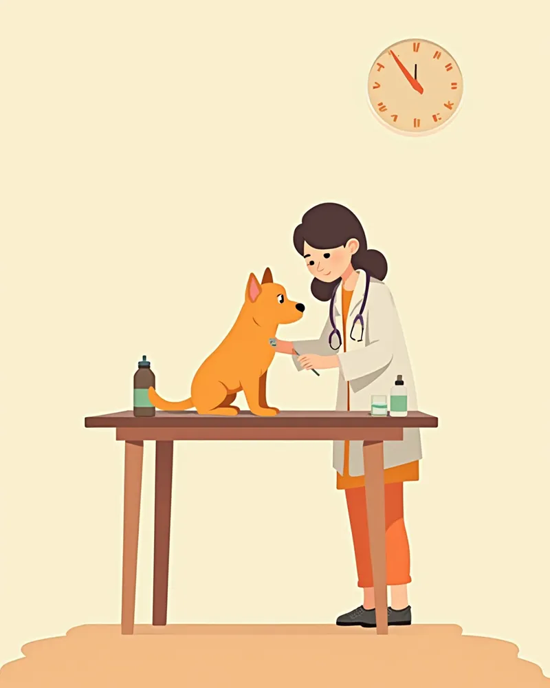 진료실에서 강아지를 검진하는 수의사 일러스트