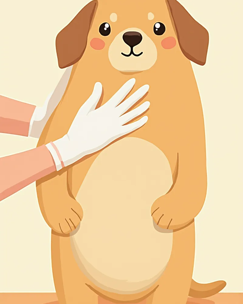 복수로 배가 부풀어 오른 강아지를 수의사가 촉진하는 장면