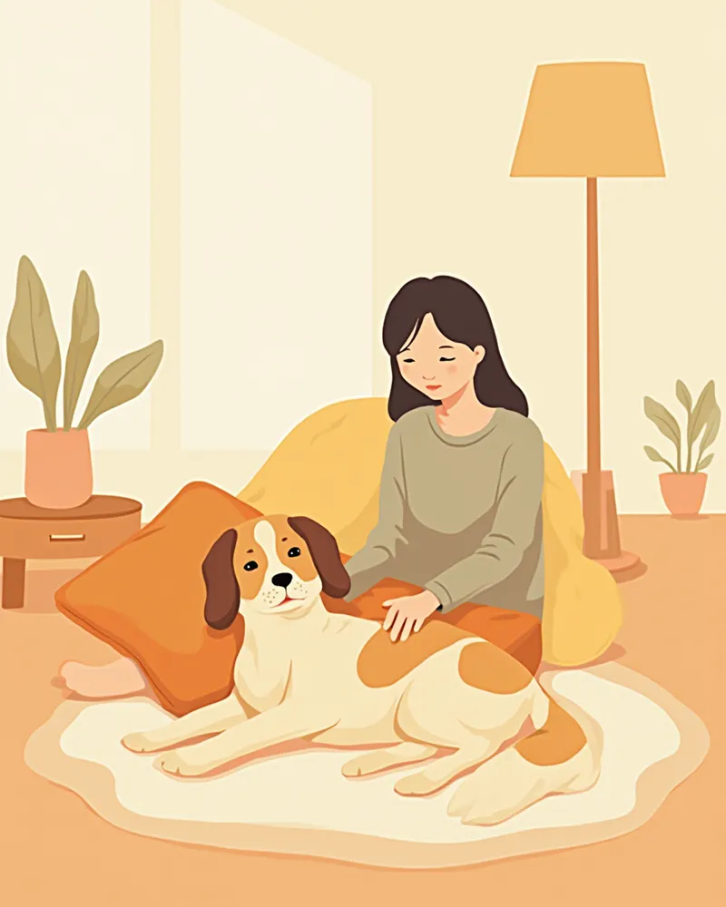 보호자가 집에서 누워 있는 암컷 강아지의 배 부위를 부드럽게 자가 검진하는 모습
