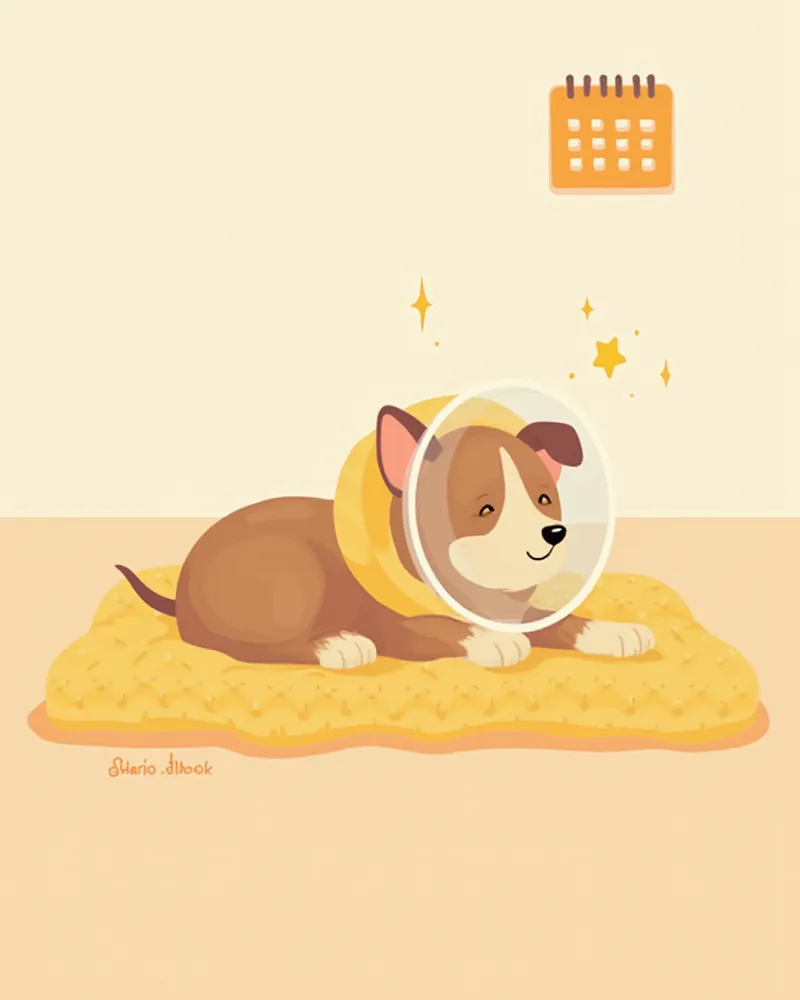 넥카라를 착용하고 회복 중인 강아지 일러스트