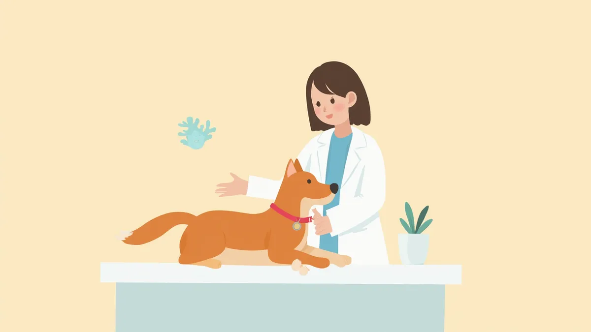 수의사가 암컷 강아지의 생식 건강을 진료하는 모습