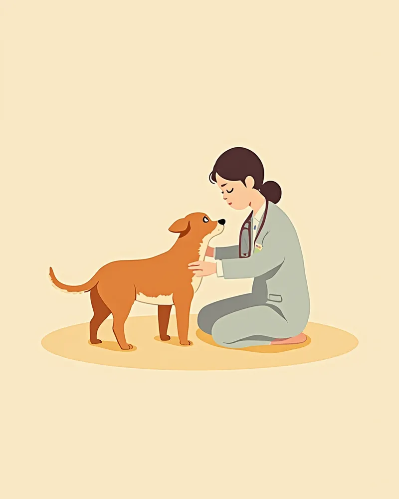 수의사가 소형견의 머리와 목 부위를 부드럽게 검진하는 모습