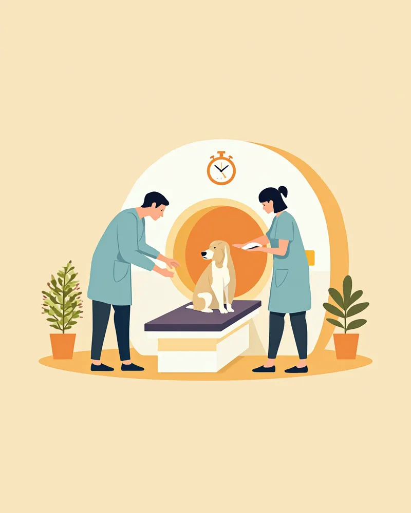 동물병원 MRI실에서 뇌 검사를 준비하고 있는 소형견