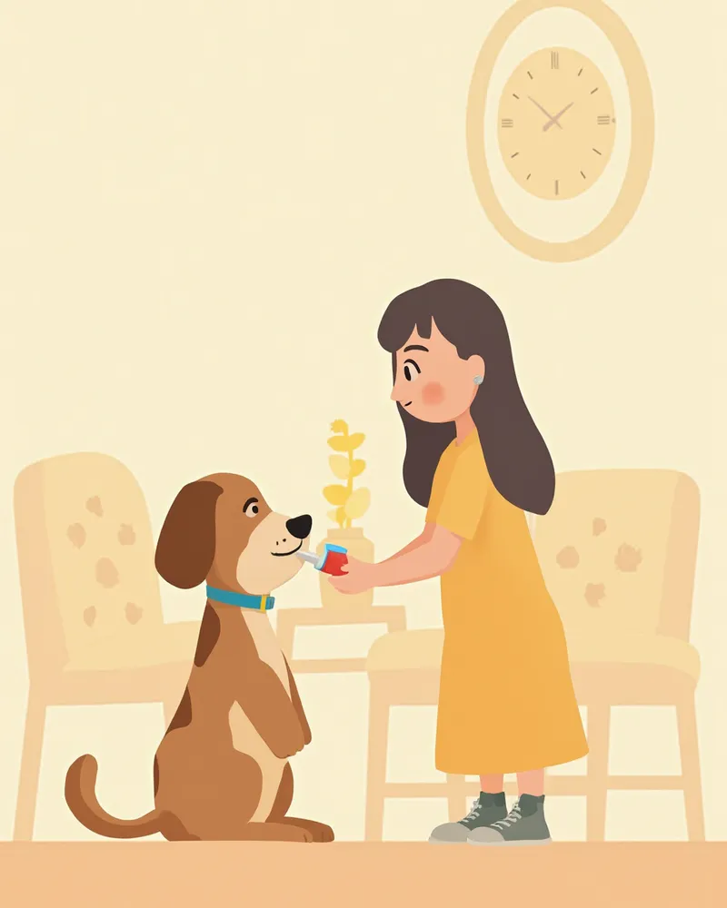 보호자가 집에서 소형견에게 약을 먹이고 있는 모습