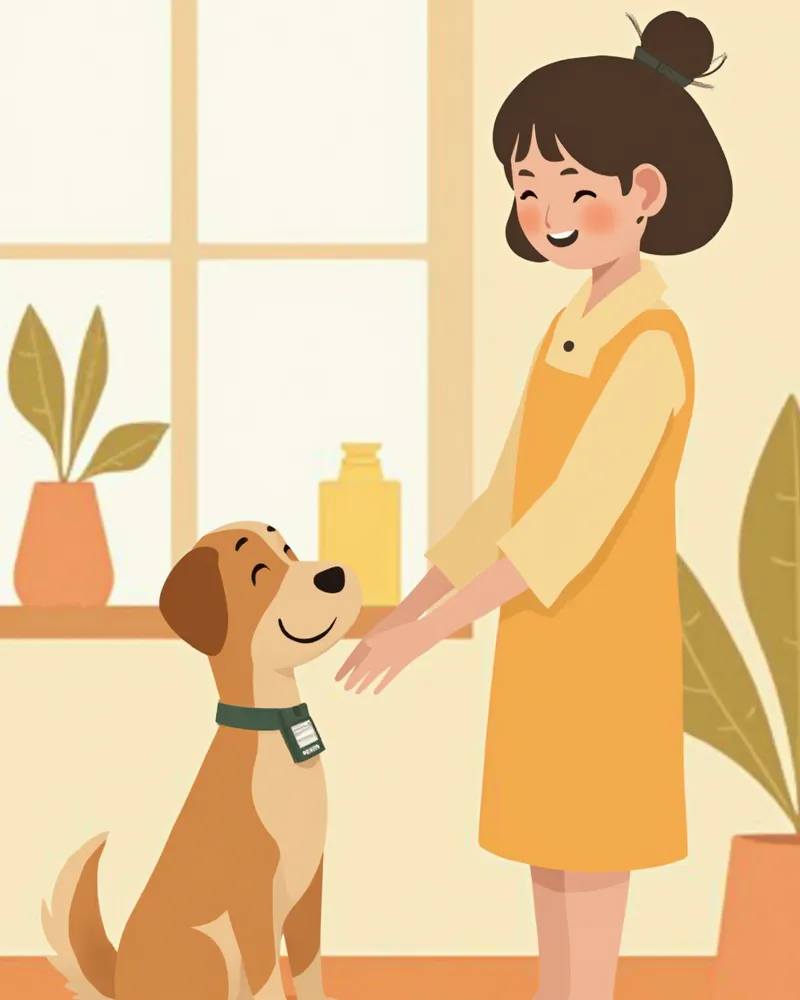 보호자가 강아지 목줄의 등록 인식표를 확인하는 모습