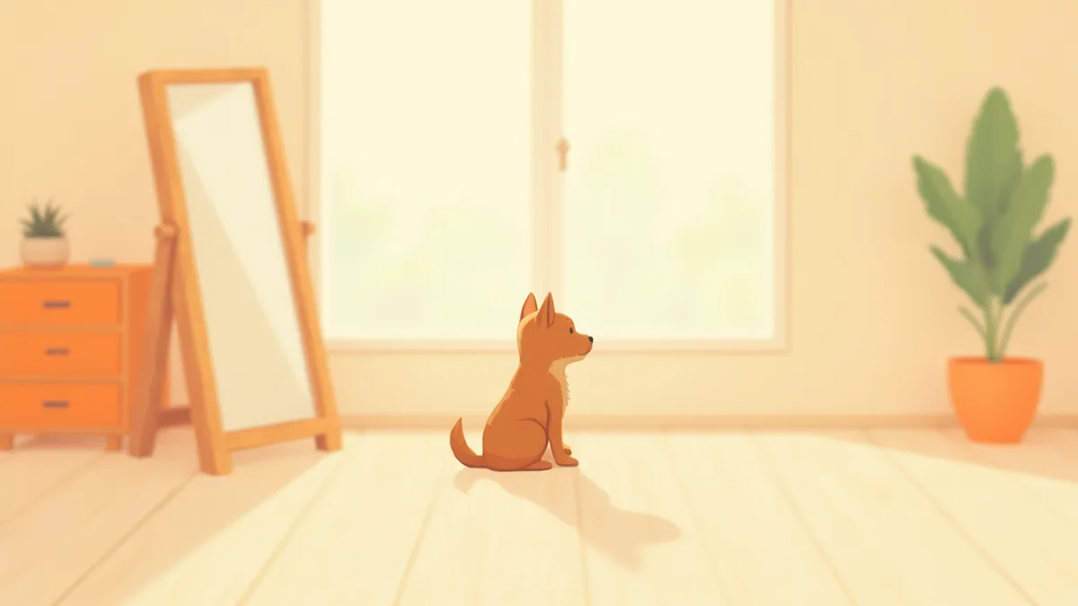 거울 앞에 앉아 자신의 모습을 관찰하는 강아지