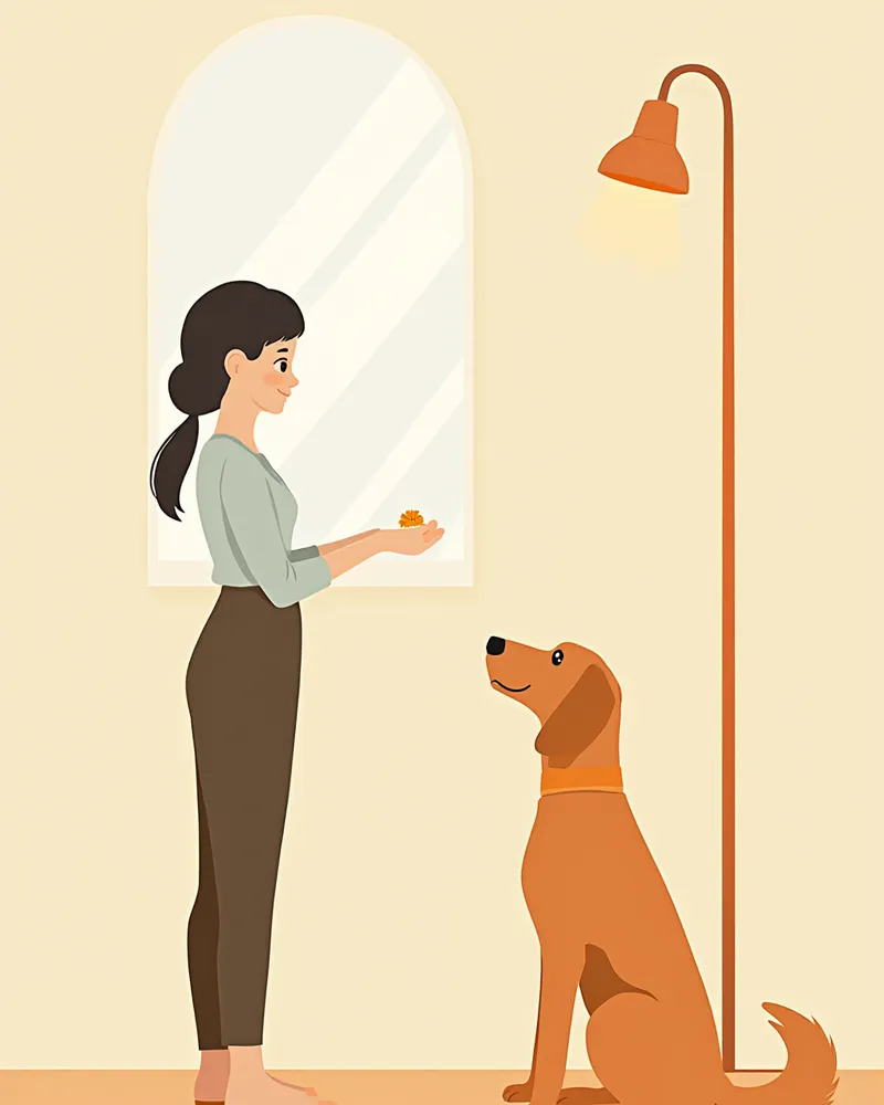 보호자가 거울 앞에서 강아지에게 간식을 주며 훈련하는 모습
