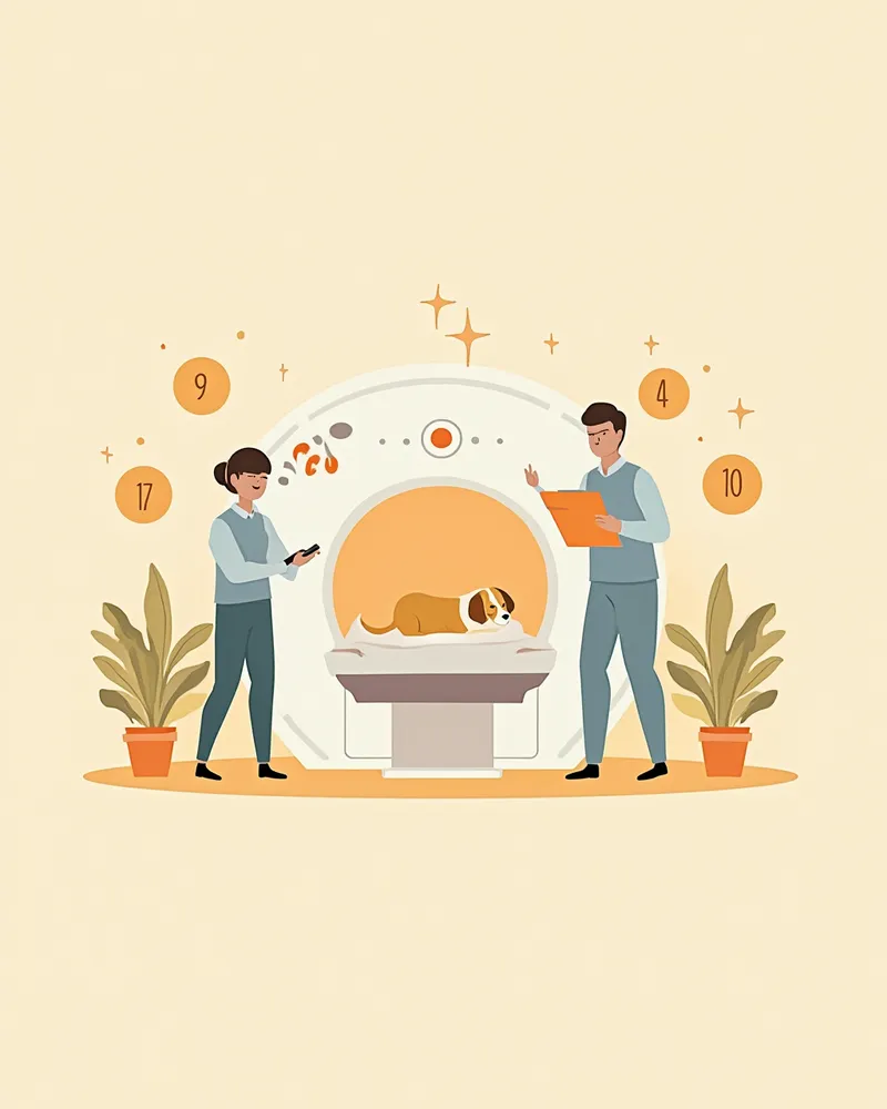 MRI 검사를 받으며 안정적으로 누워 있는 강아지 일러스트