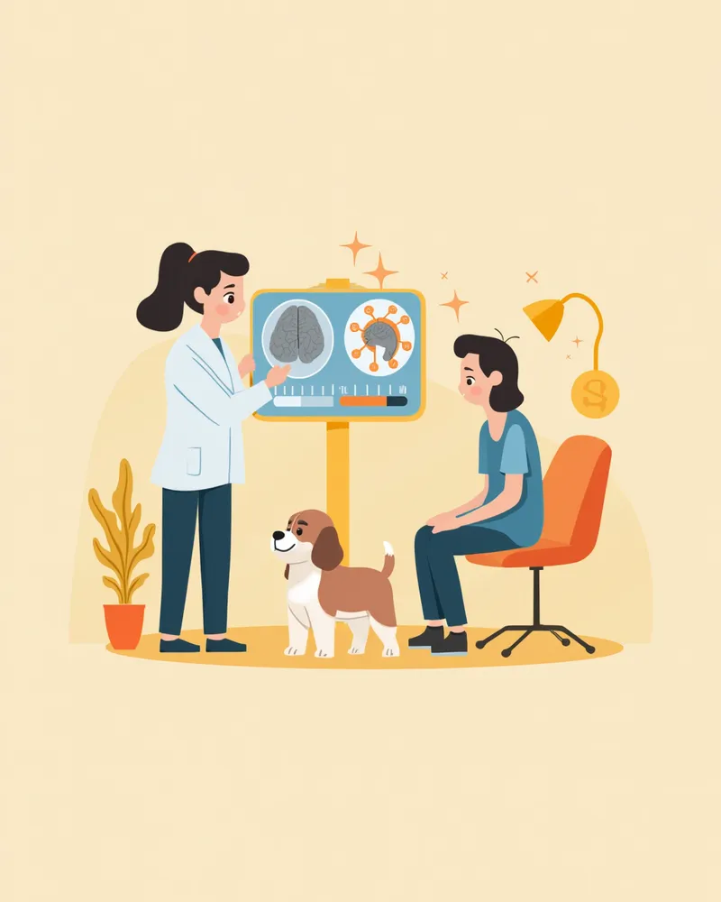 수의사에게 MRI 결과를 설명 듣는 보호자 일러스트