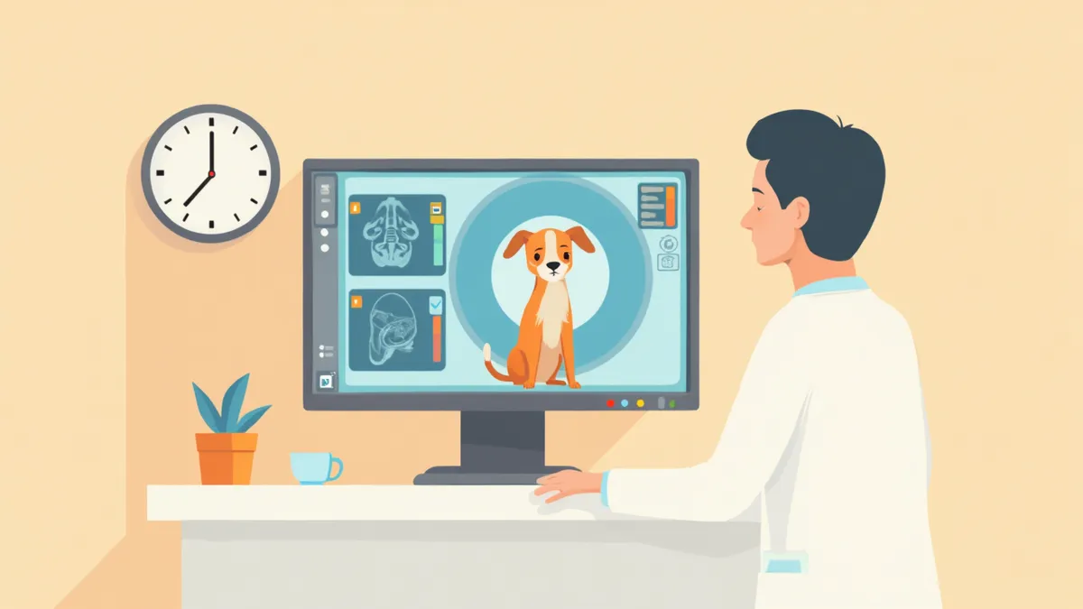 수의사가 모니터에서 강아지 뇌 MRI 영상을 확인하는 모습