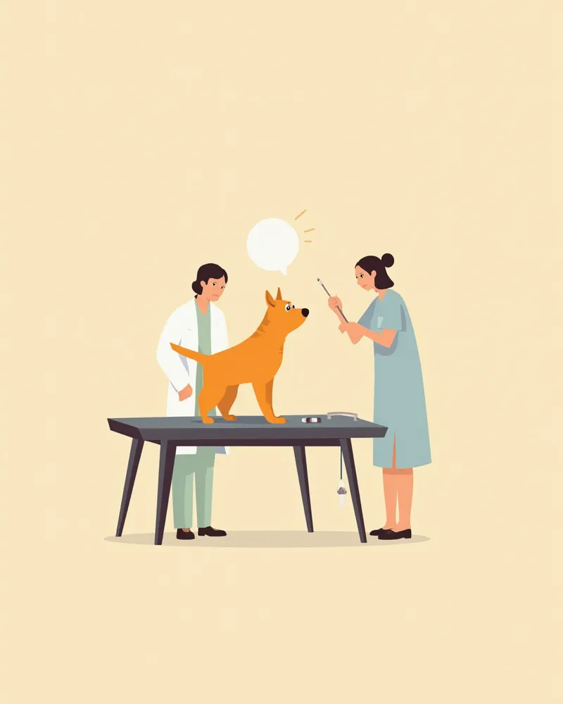 진찰대 위에서 머리를 기울이고 있는 강아지를 살펴보는 수의사