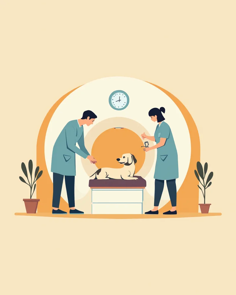 수의 의료진이 MRI 촬영을 위해 강아지를 준비하는 모습