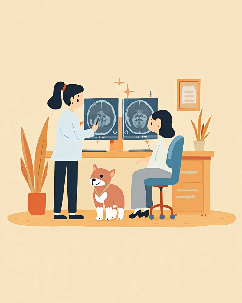 수의 영상의학 전문의가 듀얼 모니터에서 강아지 MRI T1·T2 영상을 비교 판독하는 모습