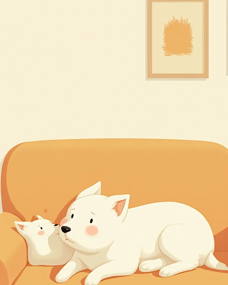 빠르게 호흡하며 소파에 누워 있는 소형견