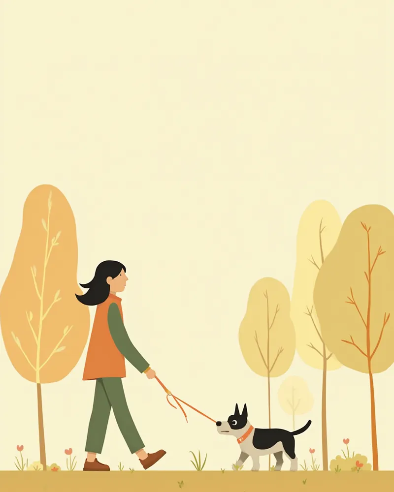 보호자와 함께 공원에서 가볍게 산책하는 소형견