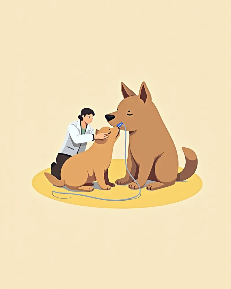 강아지의 비강 내시경 검사를 받는 모습을 보여주는 의료 장면 일러스트