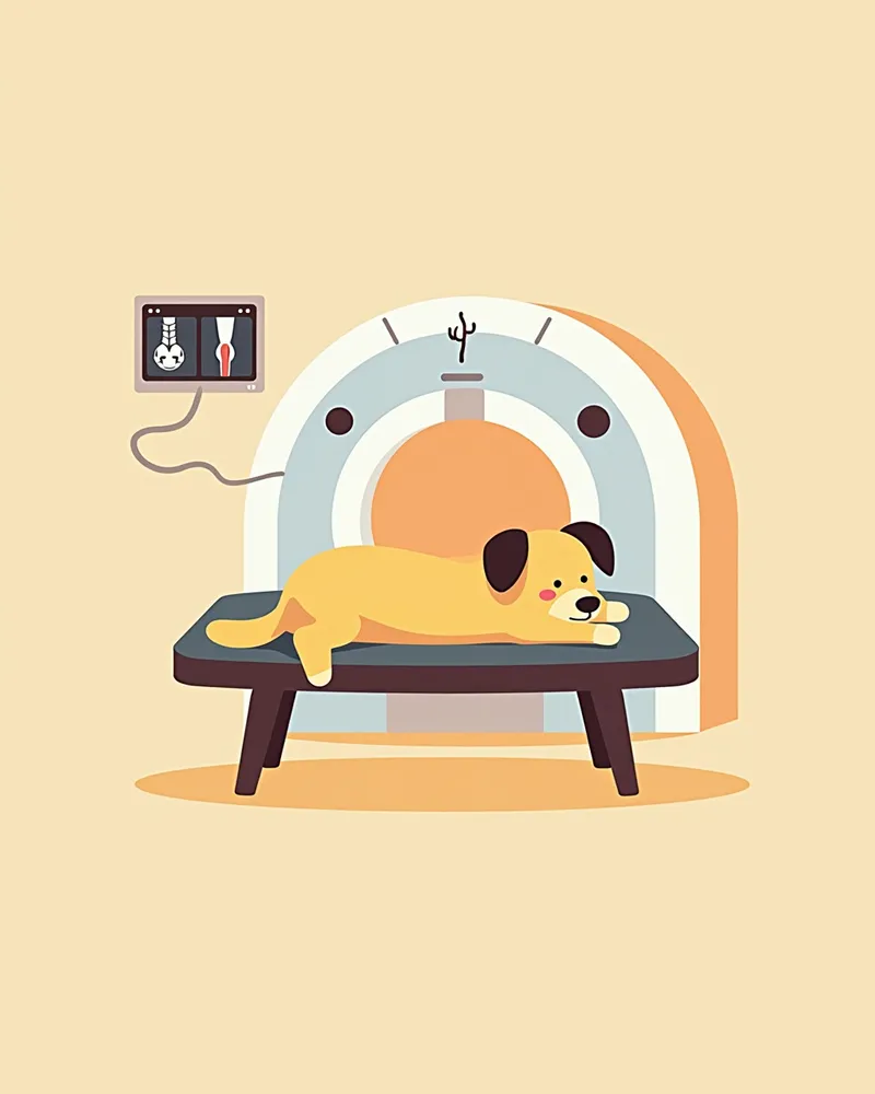 강아지가 MRI 진료대에 누워 있는 모습, 척수와 방광 영상이 모니터에 표시됨