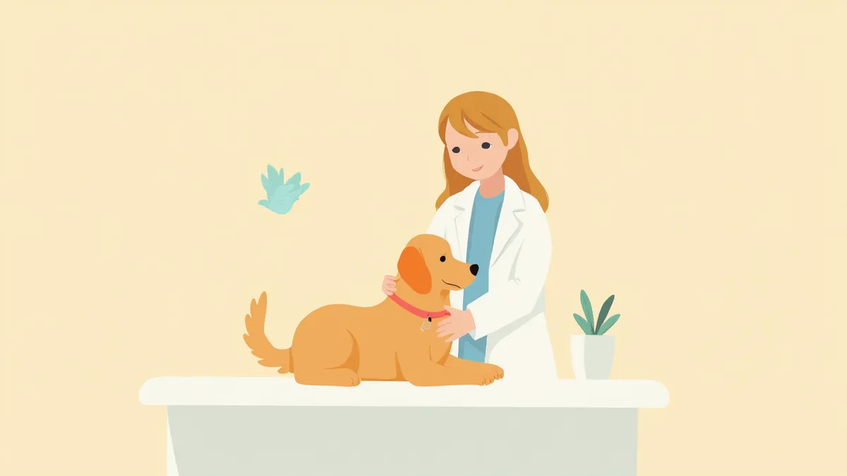 동물병원 진료대 위에 앉아 있는 암컷 강아지