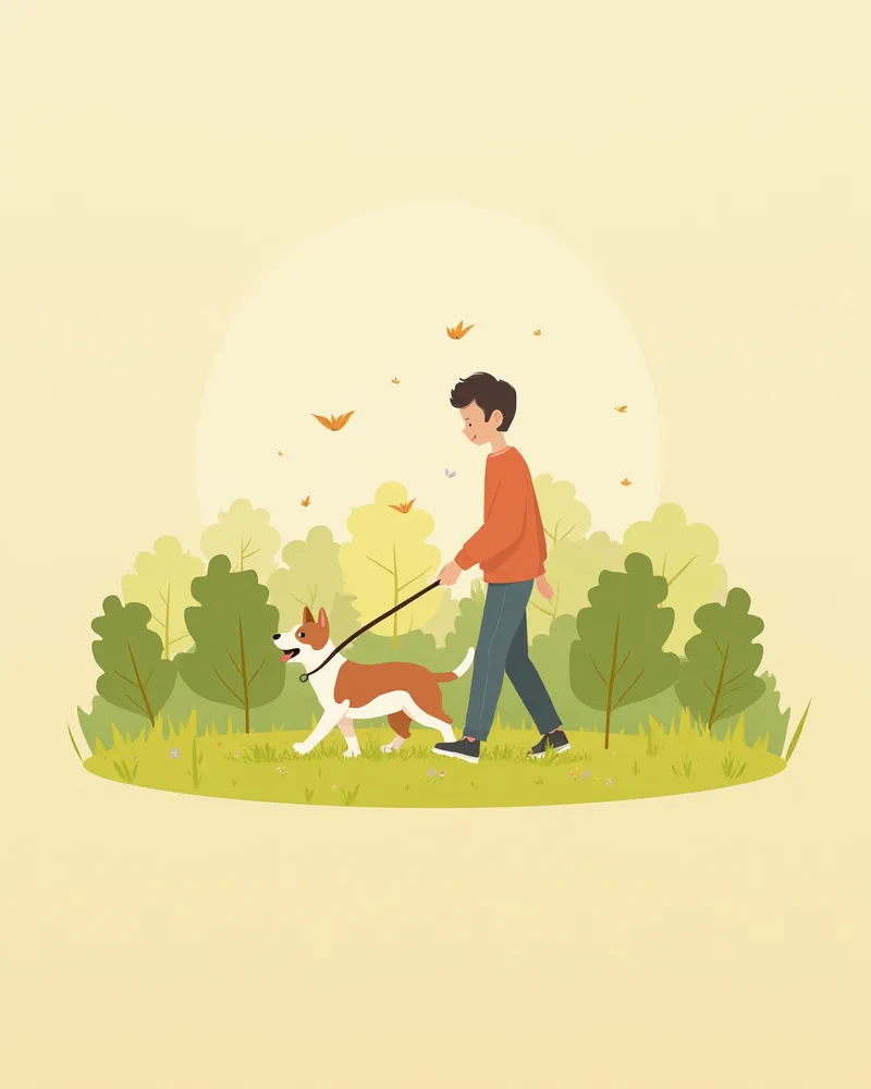 보호자와 함께 공원에서 산책하는 건강한 강아지