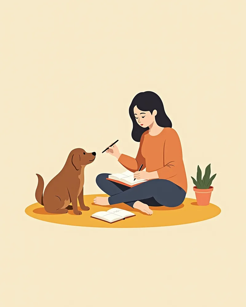 강아지 주인이 영양 관리 일지를 쓰는 모습