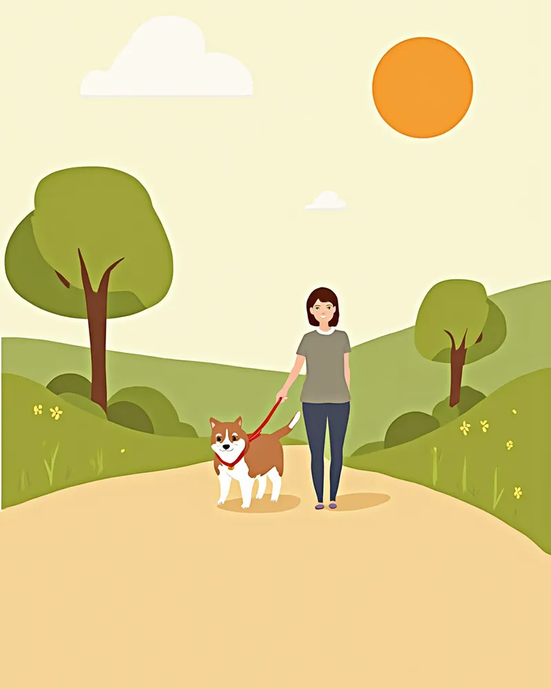 보호자와 함께 공원에서 산책하는 강아지