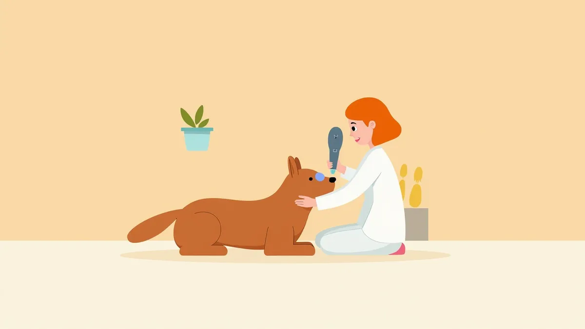 강아지 눈에 초음파 프로브를 사용하는 수의사의 모습
