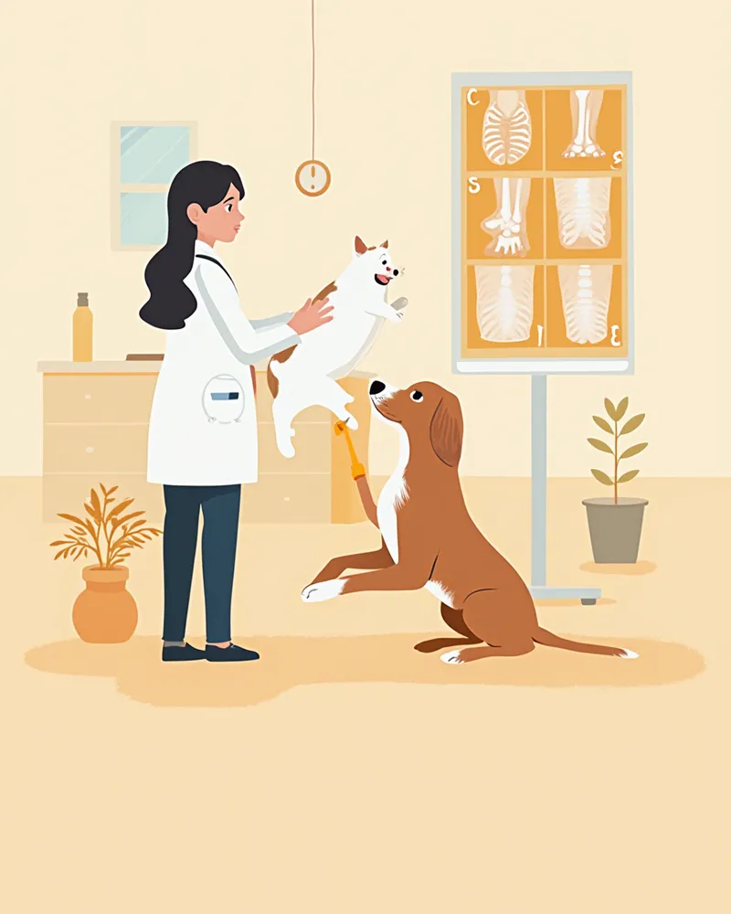 엑스레이를 확인하며 강아지 다리를 진찰하는 수의사