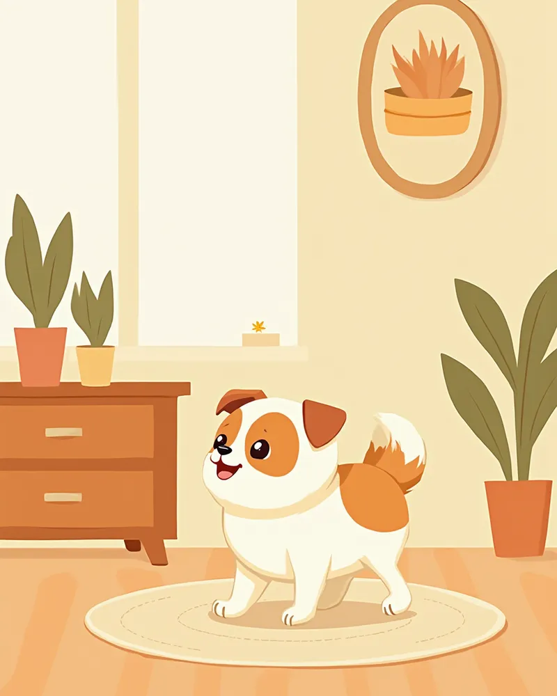 미끄럼 방지 매트 위에서 걷는 건강한 강아지